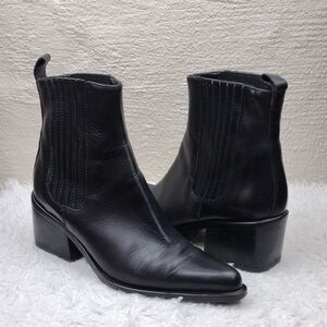 Zinda Black Leather Upper Point Toe Block Heel Slip On Western Style Ankle Boot